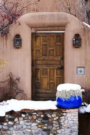 Intricate Ornate Wooden Door in Santa Fe, New Mexicoの写真素材