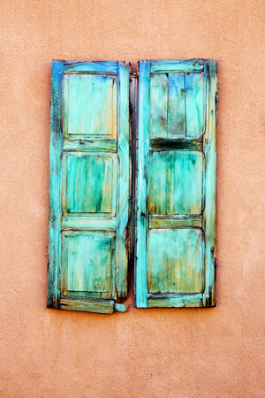 Turquoise Window Shutters Near Canyon Road in Santa Fe, New Mexicoの写真素材