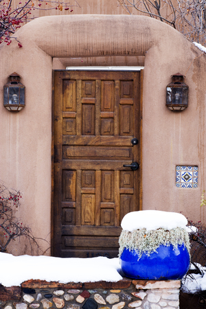 Wooden Exterior Entryway in Santa Fe, New Mexicoの写真素材