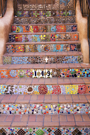 Decorative Tiled Southwest Stairway in Santa Fe, New Mexicoの写真素材