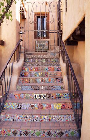 Decorative Southwest Stairway in Santa Fe, New Mexicoの写真素材