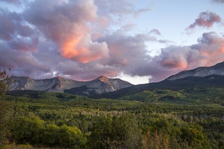 Early Autumn Sunset Going Over Kebler Pass in the Colorado Rocky Mountainsの写真素材