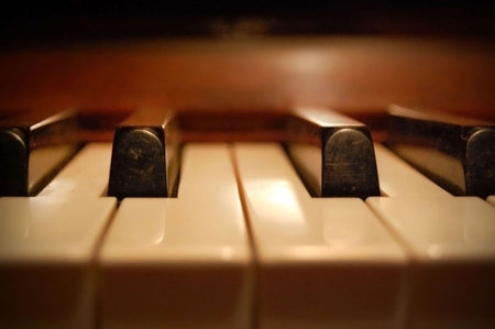 Extreme close-up of piano keys.