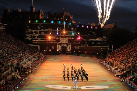 Edinburgh Military Tattoo 2011 with Edinburg Castle in background and light show on castle wall with fireworksのeditorial素材