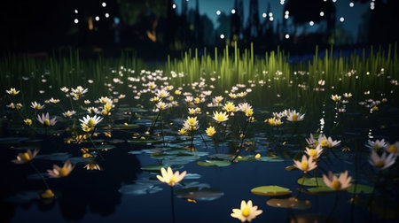 over a crystalline lake, beautiful flowers that shine at night. Garden.の素材
