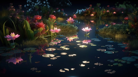 a crystalline lake with luminous flowers. Bright flowers. fantasyの素材