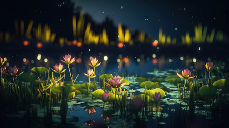 over a crystalline lake, beautiful flowers that shine at night. Garden.の素材
