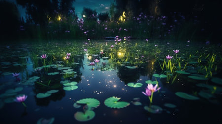 over a crystalline lake, beautiful flowers that shine at night. Garden.の素材