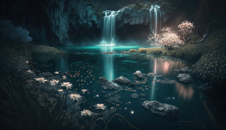 an illustration of a crystal clear lake with a waterfall. Glowing particles, night scene, emerald color. fantasy.の素材