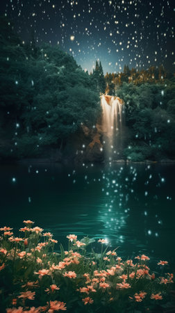 an illustration of a crystal clear lake with a waterfall. Glowing particles, night scene, emerald color. fantasy.の素材