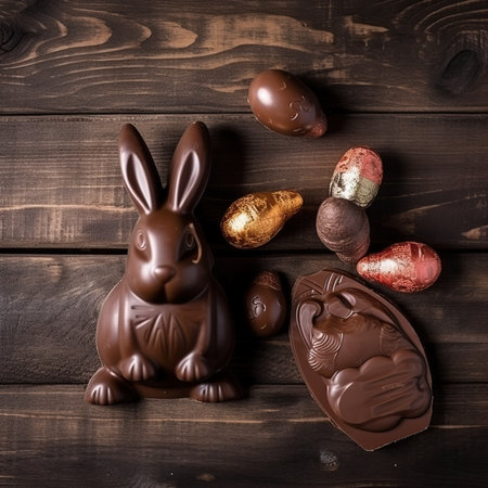 delicious chocolate rabbit on a wooden tableの素材