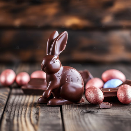 delicious chocolate rabbit on a wooden tableの素材