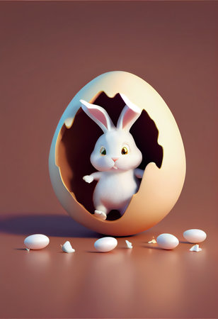 open chocolate egg with a little bunny inside, dark background. funny, cuteの素材