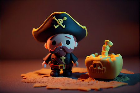 an adorable miniature of a little pirate with pirate treasure on a pirate ship. Selective focus. Cute, funny.の素材