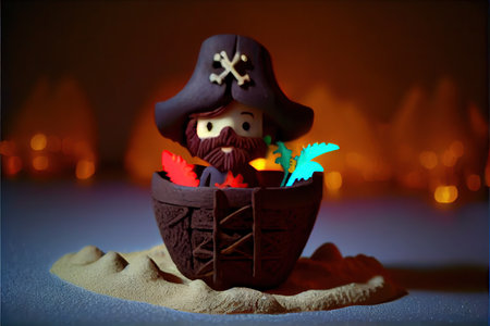 an adorable miniature of a little pirate with pirate treasure on a pirate ship. Selective focus. Cute, funny.の素材