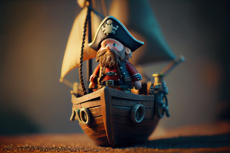an adorable miniature of a little pirate with pirate treasure on a pirate ship. Selective focus. Cute, funny.の素材