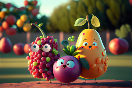 Adorable fruit characters. Background orchard, funny, cute. concept artの素材