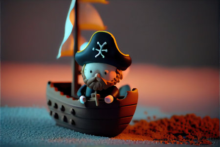 an adorable miniature of a little pirate with pirate treasure on a pirate ship. Selective focus. Cute, funny.の素材