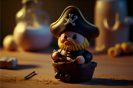 an adorable miniature of a little pirate with pirate treasure on a pirate ship. Selective focus. Cute, funny.の素材