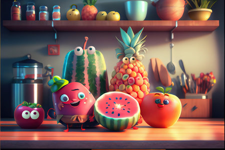 Adorable fruit characters. Background orchard, funny, cute. concept artの素材