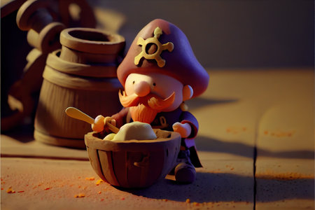 an adorable miniature of a little pirate with pirate treasure on a pirate ship. Selective focus. Cute, funny.の素材