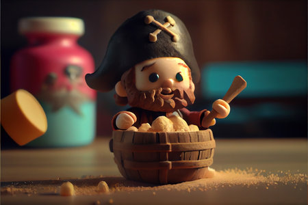 an adorable miniature of a little pirate with pirate treasure on a pirate ship. Selective focus. Cute, funny.の素材