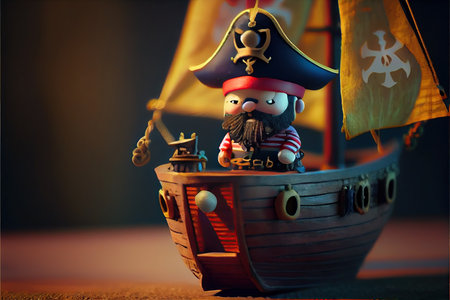 an adorable miniature of a little pirate with pirate treasure on a pirate ship. Selective focus. Cute, funny.の素材
