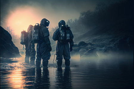 Group the Scientist in protective suite taking water. armageddonの素材