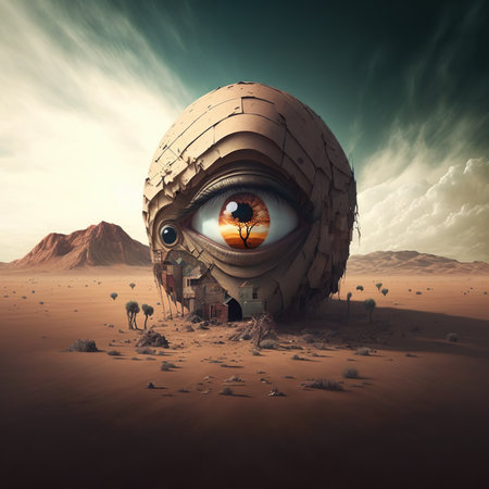 surrealistic illustration of giant eye in the desert. fantasyの素材