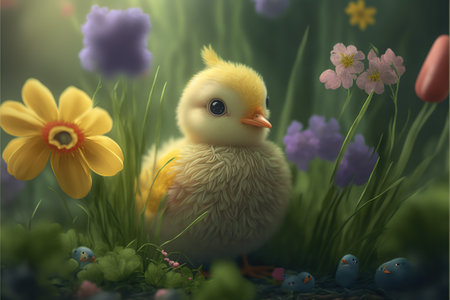 Easter background with easter chicken and spring flowers. 3d renderの素材