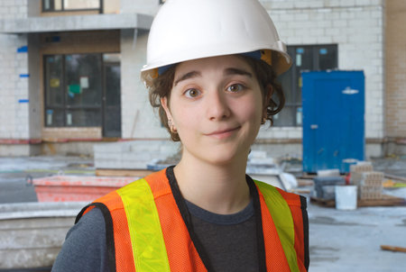 girl on construction site with orange vest and white safety hat