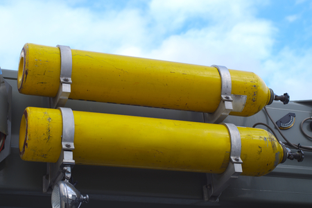 compressed air tanks oxygen gas fire department equipmentの写真素材