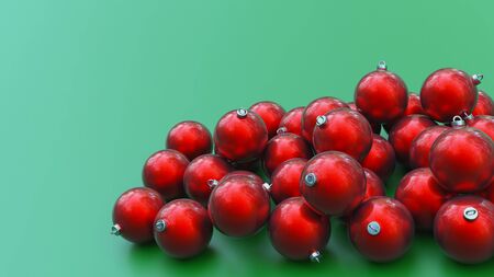 many christmas red baubles on green background 3D illustrationの写真素材