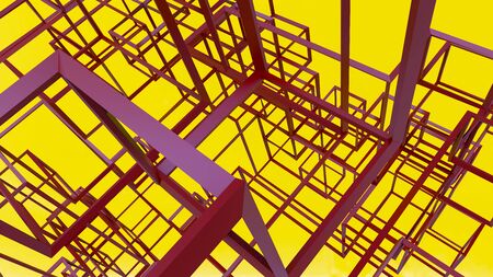 complex red lines on yellow background wire connection 3D illustrationの写真素材