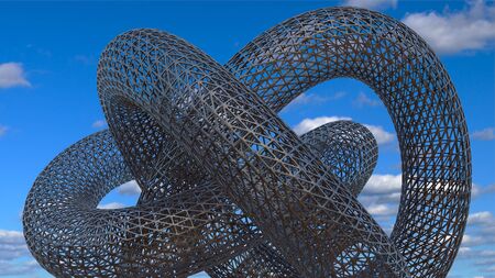 metal grid sculpture futuristic architecture on blue sky 3D illustrationの写真素材