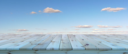 blue sky wood planks summer background 3D illustration