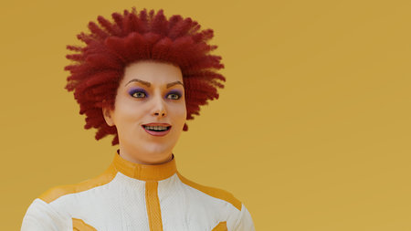 eccentric woman smiling red hairs dreads and blue make up yellow background 3D illustrationの写真素材
