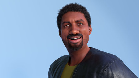 young man portrait african american people smiling wearing black leather jacket on blue background...