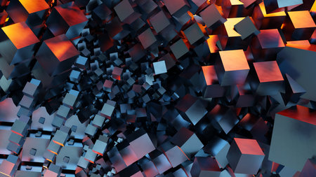 cube explosion metal shapes red light shiny square technology 3D illustrationの写真素材