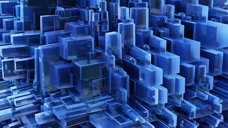 many blocks crystal cubes blue transparent squares abstract background 3D illustration