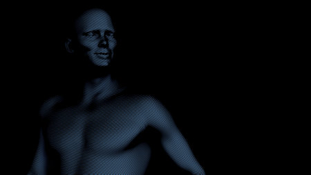 naked man in shadow halftone line art cartoon masculine black background male chest 3D illustrationの写真素材