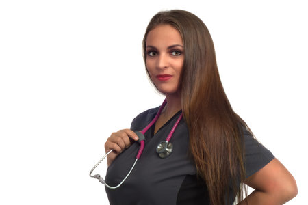 nurse on white background medical health care stethoscope hospital professional womanの写真素材