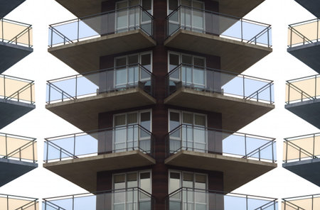 balconies apartment building mirror effect residence skyscraper concrete and glass rental house...