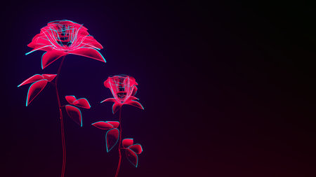 red flowers glowing drawing of roses on black copy space background love romance valentine 3D illustrationの写真素材