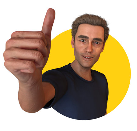 yes man character thumb up like cartoon positive bravo in yellow circle 3D illustration