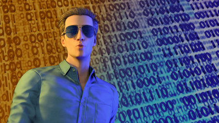 online security expert hacker programming binary code man with sunglasses on computer network 3D...