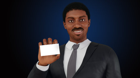 young man presenting business card holding empty copy space corporate networking advertisement african man 3D illustrationの写真素材
