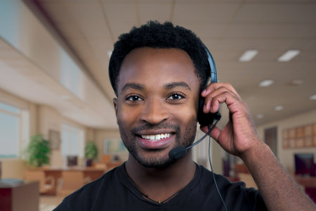 support center contact us helpline customer service assistant african man smiling wearing headset microphoneの写真素材