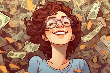 young woman rich girl curly hair lying in a pile of money many dollar bills online income illustrationのイラスト素材