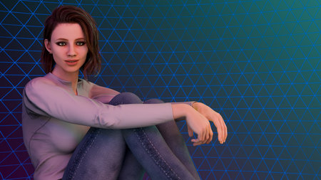 18-year-old woman immersed in a futuristic gaming lifestyle, surrounded by a vibrant technology light network. Confident, connected, and embracing the digital era. 3D illustration.の写真素材